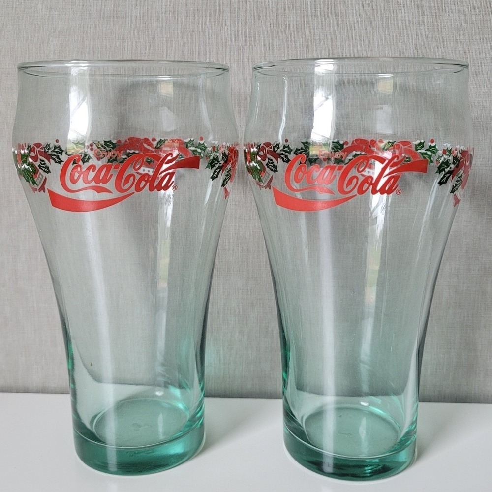 Vintage Coca-Cola Christmas Glasses Holly Ribbon Georgia Green 16oz Tumbler Set